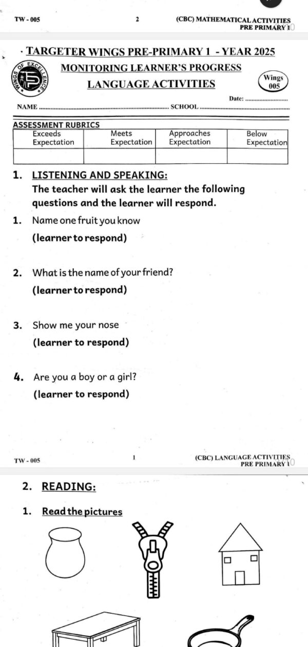 Targeter Wings Pre-Primary 1 - Year 2025 Monitoring Learner's Progress Language Activities