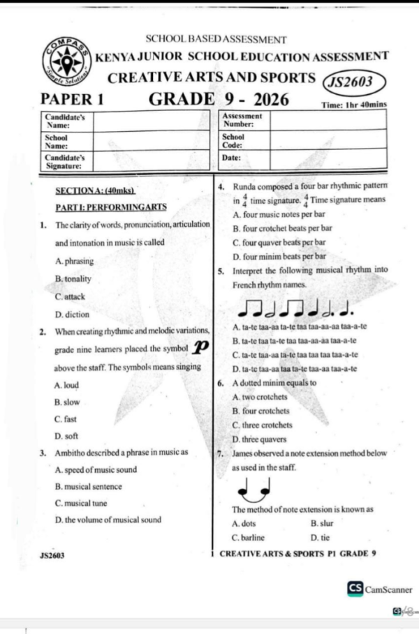 Kenya Junior School Education Assessment Creative Arts and Sports Paper 1 Grade 9 - 2026